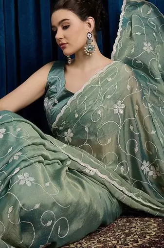 Sea green women floral embroidered saree with blouse piece