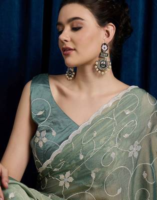 Sea green women floral embroidered saree with blouse piece 5