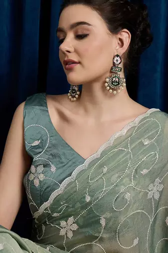 Sea green women floral embroidered saree with blouse piece