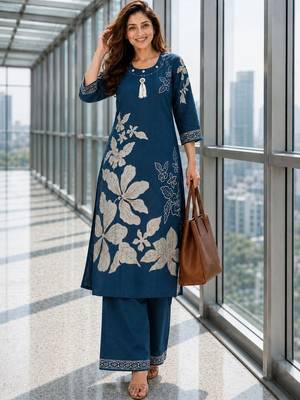 women floral printed regular chanderi cotton kurta with palazzos 1