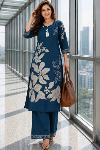 women floral printed regular chanderi cotton kurta with palazzos