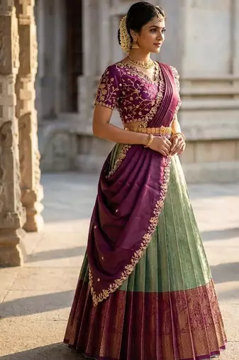 South Indian Style Semi-Stitched Half Saree with Blouse and Dupatta