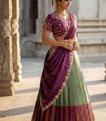 South Indian Style Semi-Stitched Half Saree with Blouse and Dupatta
