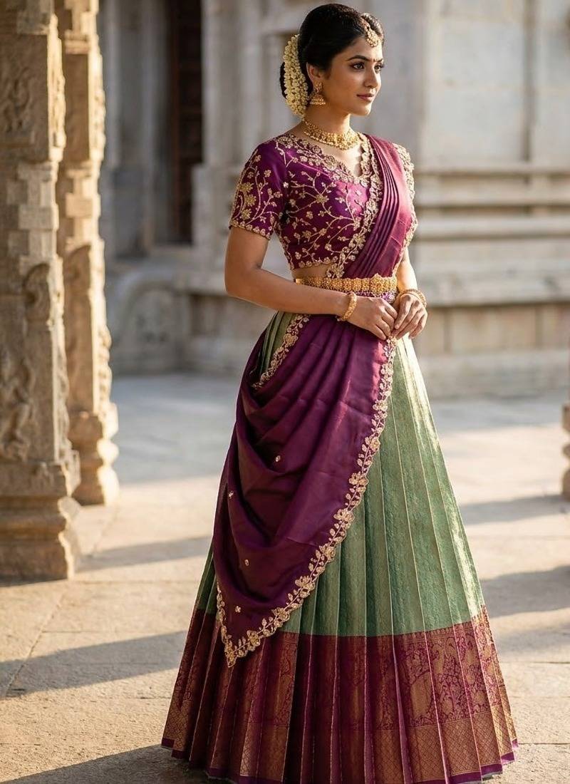 South Indian Style Semi-Stitched Half Saree with Blouse and Dupatta