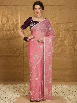 Pink floral sequinned saree 1