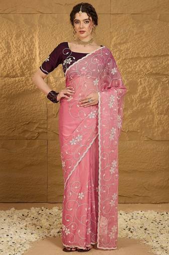Pink floral sequinned saree