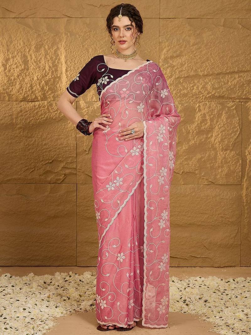 Pink floral sequinned saree