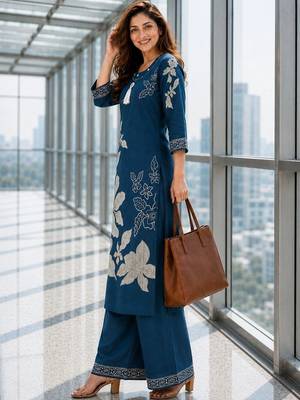 women floral printed regular chanderi cotton kurta with palazzos 4