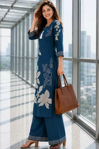 women floral printed regular chanderi cotton kurta with palazzos