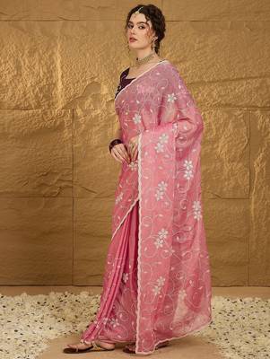 Pink floral sequinned saree 2