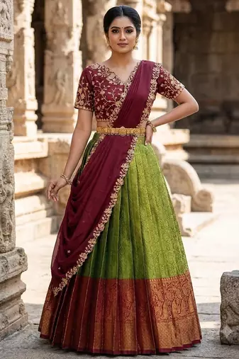 South Indian Style Semi-Stitched Half Saree with Blouse and Dupatta