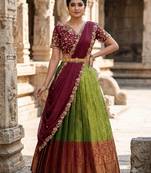 South Indian Style Semi-Stitched Half Saree with Blouse and Dupatta