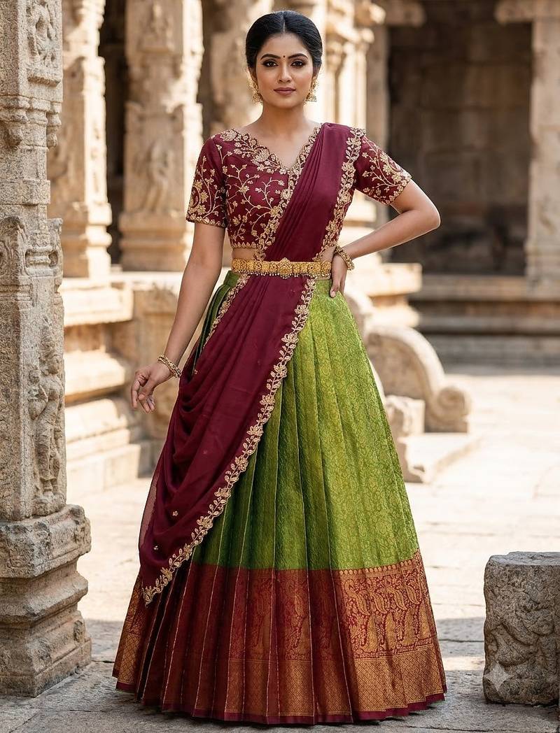 South Indian Style Semi-Stitched Half Saree with Blouse and Dupatta