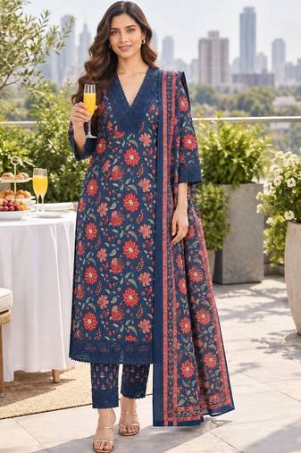 women floral printed regular  cotton kurta with trousers & with dupatta