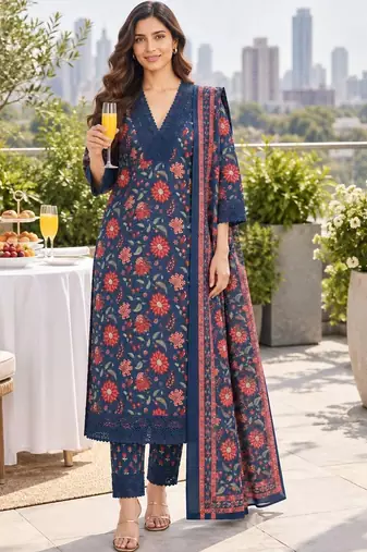women floral printed regular  cotton kurta with trousers & with dupatta