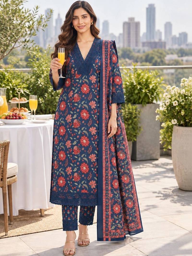women floral printed regular  cotton kurta with trousers & with dupatta