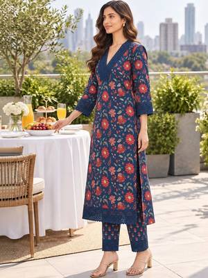 women floral printed regular  cotton kurta with trousers & with dupatta 4