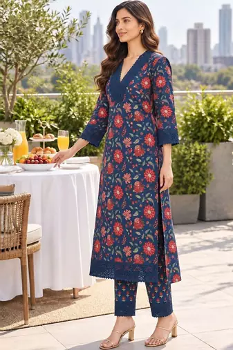 women floral printed regular  cotton kurta with trousers & with dupatta