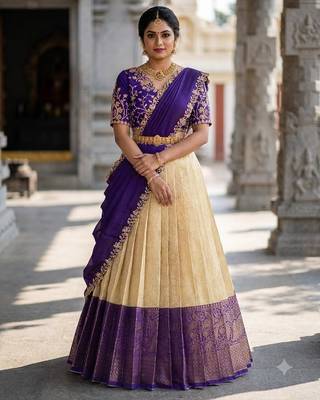 South Indian Style Semi-Stitched Half Saree with Blouse and Dupatta 1