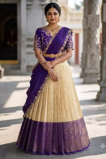 South Indian Style Semi-Stitched Half Saree with Blouse and Dupatta