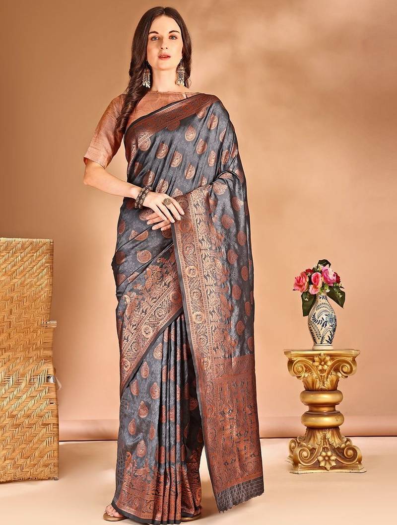 Grey woven design zari banarasi saree