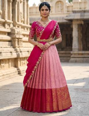 South Indian Style Semi-Stitched Half Saree with Blouse and Dupatta 1