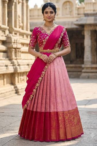 South Indian Style Semi-Stitched Half Saree with Blouse and Dupatta