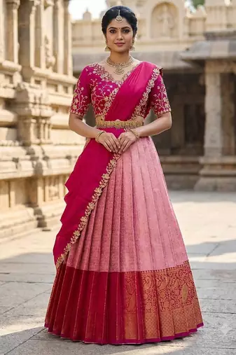 South Indian Style Semi-Stitched Half Saree with Blouse and Dupatta