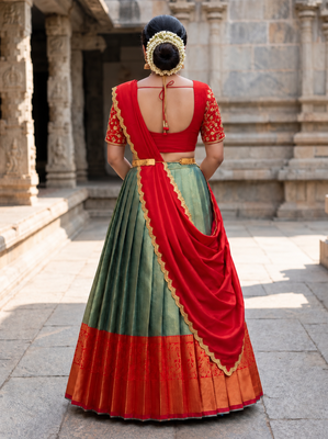 South Indian Style Semi-Stitched Half Saree with Blouse and Dupatta 2