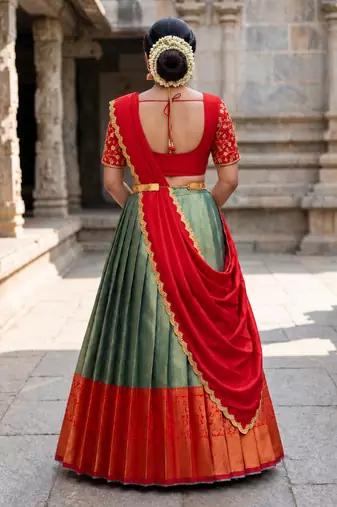 South Indian Style Semi-Stitched Half Saree with Blouse and Dupatta