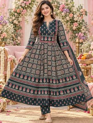 women ethnic motifs printed angrakha  cotton kurta with trousers & with dupatta 1