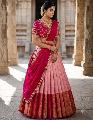 South Indian Style Semi-Stitched Half Saree with Blouse and Dupatta 2