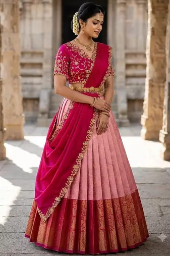 South Indian Style Semi-Stitched Half Saree with Blouse and Dupatta