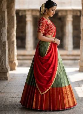 South Indian Style Semi-Stitched Half Saree with Blouse and Dupatta 3
