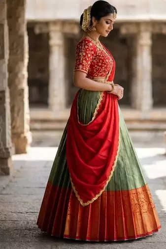 South Indian Style Semi-Stitched Half Saree with Blouse and Dupatta