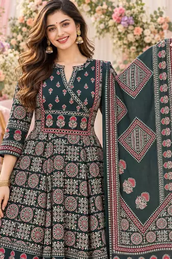 women ethnic motifs printed angrakha  cotton kurta with trousers & with dupatta