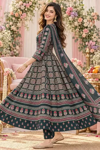 women ethnic motifs printed angrakha  cotton kurta with trousers & with dupatta