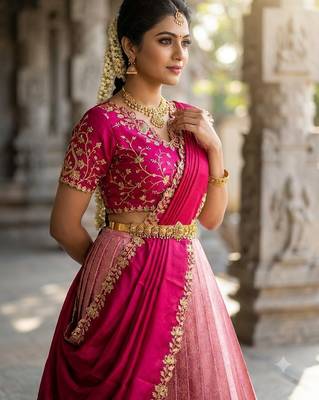 South Indian Style Semi-Stitched Half Saree with Blouse and Dupatta 3