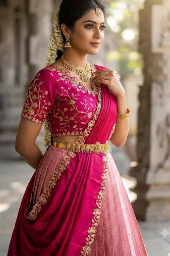 South Indian Style Semi-Stitched Half Saree with Blouse and Dupatta