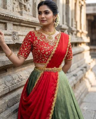 South Indian Style Semi-Stitched Half Saree with Blouse and Dupatta 4