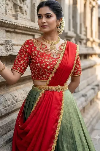 South Indian Style Semi-Stitched Half Saree with Blouse and Dupatta