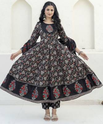 women floral printed empire  cotton kurta with trousers & with dupatta 1