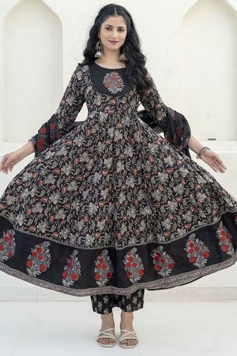 women floral printed empire  cotton kurta with trousers & with dupatta