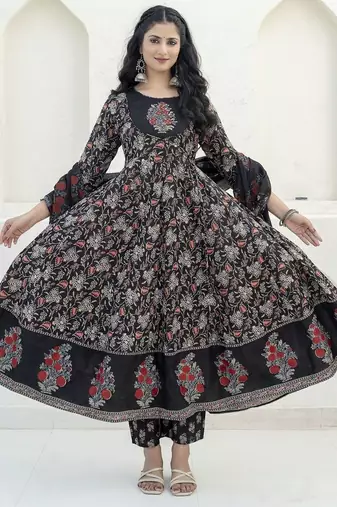 women floral printed empire  cotton kurta with trousers & with dupatta