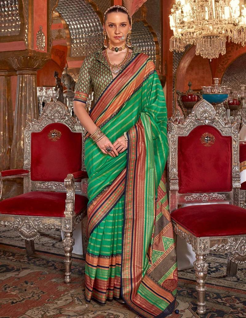 Green ethnic motifs zari banarasi saree