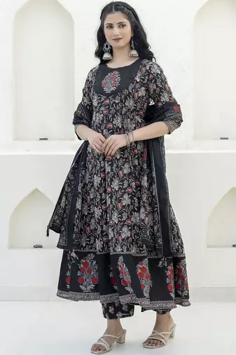 women floral printed empire  cotton kurta with trousers & with dupatta