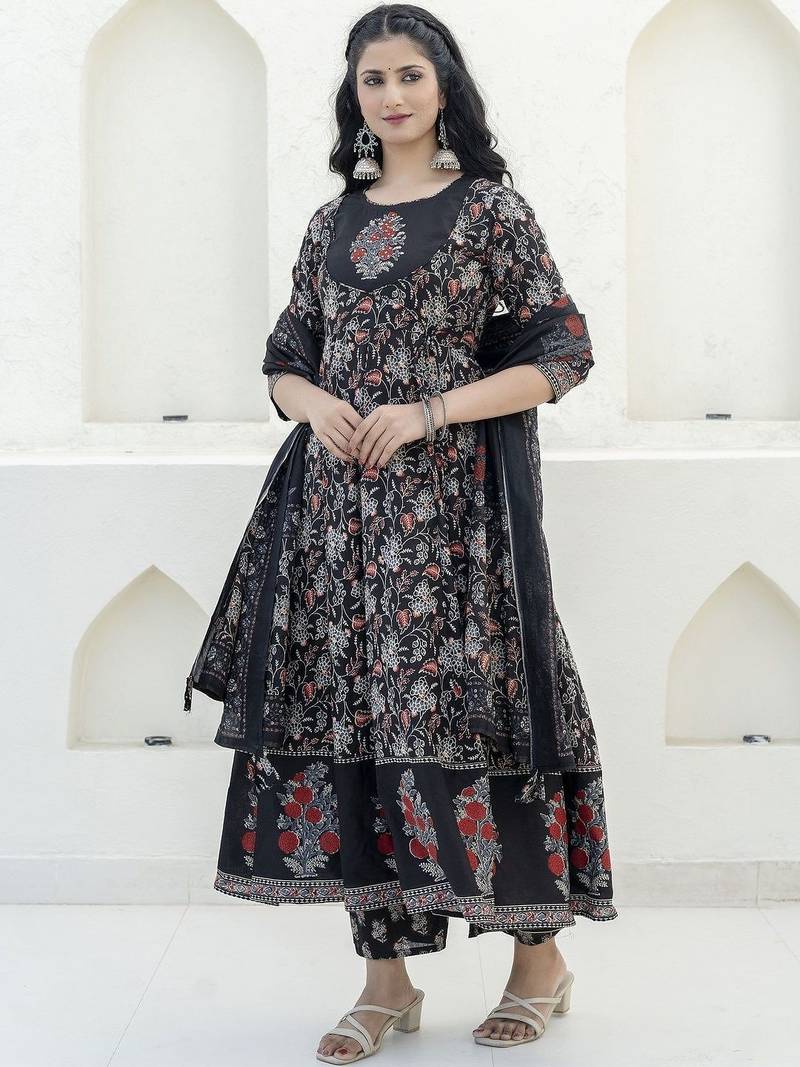 women floral printed empire  cotton kurta with trousers & with dupatta