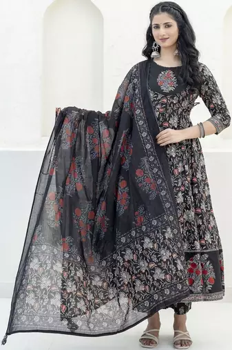 women floral printed empire  cotton kurta with trousers & with dupatta