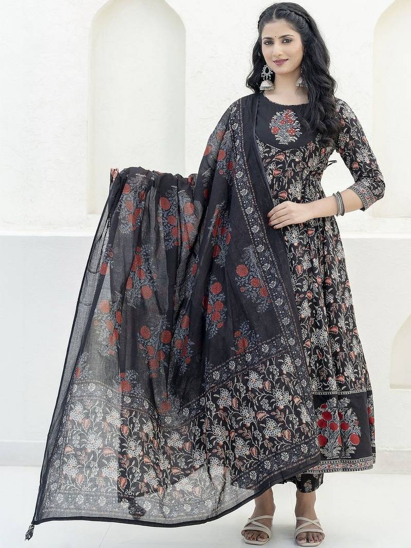 women floral printed empire  cotton kurta with trousers & with dupatta