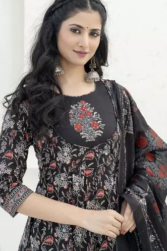 women floral printed empire  cotton kurta with trousers & with dupatta